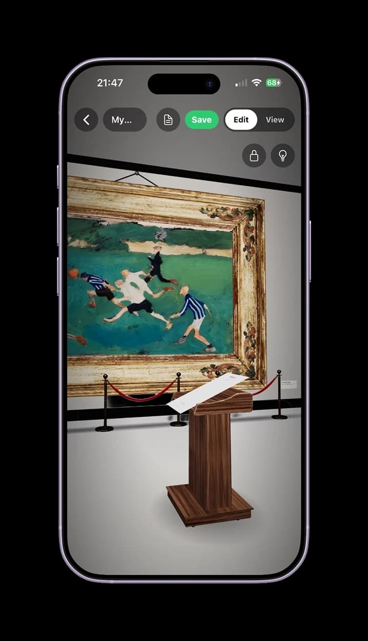 A 3D exhibition room with a framed work and a lectern